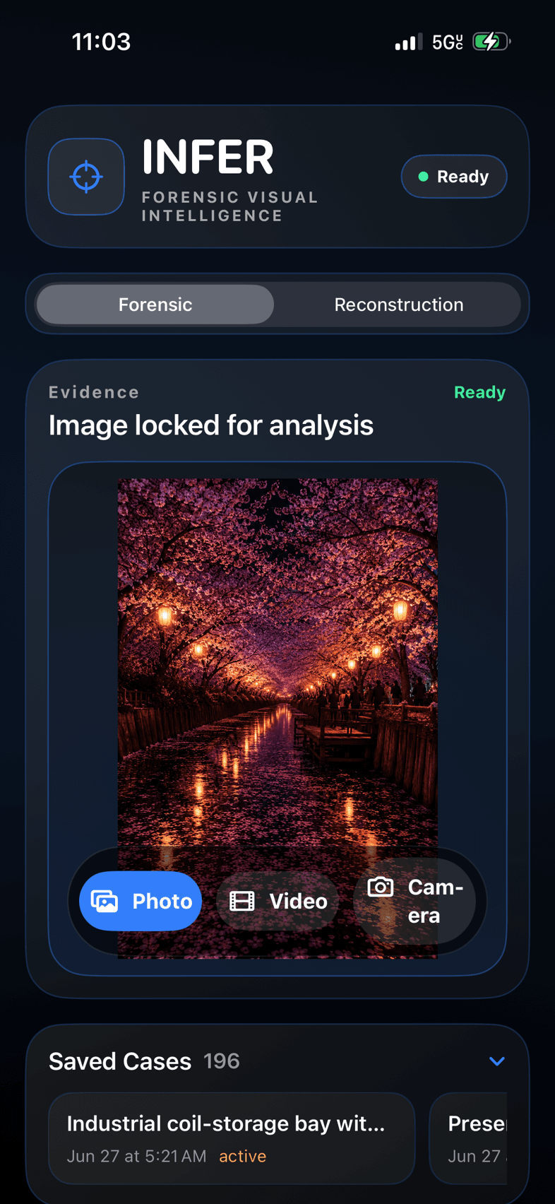 INFER visual investigation workspace with evidence loaded on iPhone