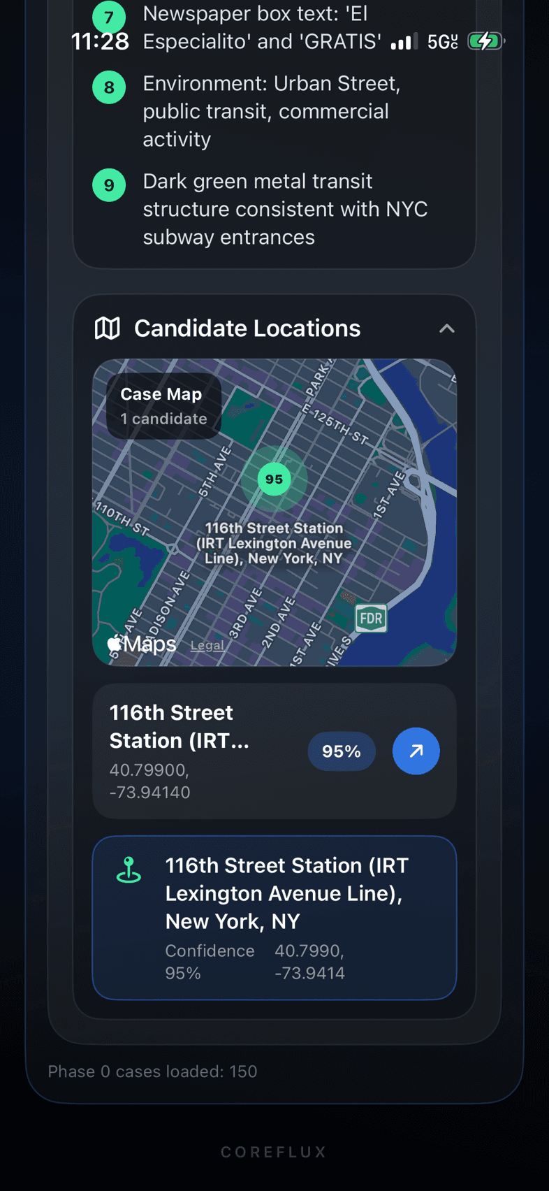 INFER candidate location map and confidence result on iPhone